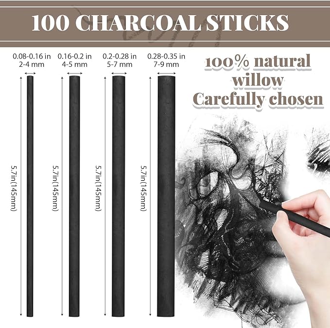 Gueevin 100 Pcs Willow Charcoal Sticks, Willow Charcoal, Artists, Beginners, Students, Perfect for Sketching, Drawing, Shading, and Fine Art (2-4mm,4-5mm,5-7mm,7-9mm)