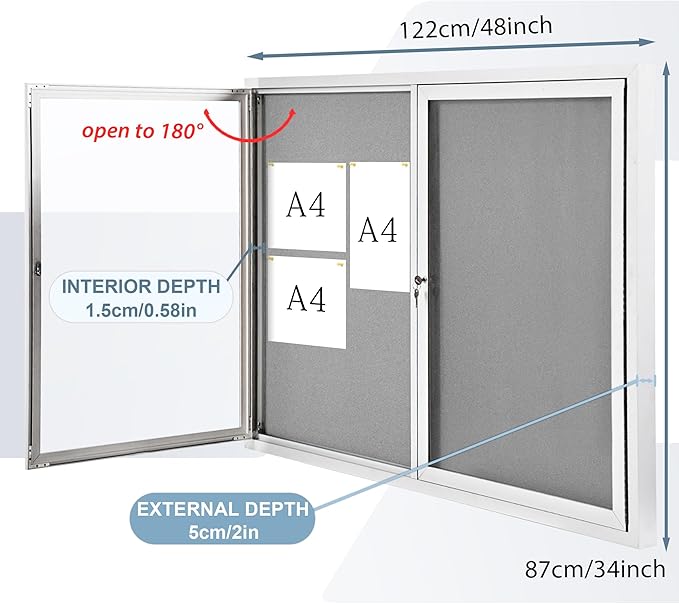 Outdoor Bulletin Board Weatherproof 48x36 in,Enclosed Bulletin Board with Locking Door, Wall Display Case for Office School Home Commercial, Silver Aluminum Frame, Gery Felt
