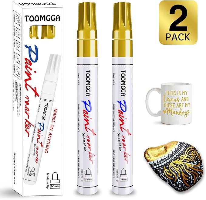 Gold Paint Pens Permanent Paint Markers 2 Pack Oil Based Markers, Quick Drying and Waterproof Marker Pen, Car Tire, Metal, Rock Painting, Wood, Ceramic, Plastic, Canvas, Mugs, Medium Tip