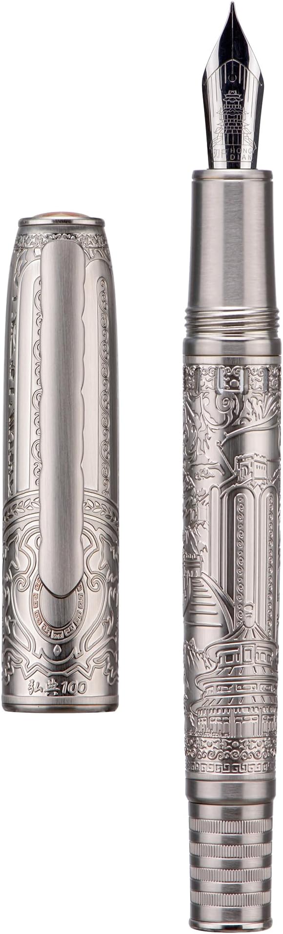 Hongdian 100 Silver Steel Piston Fountain Pen, Iridium Long Blade Fine Nib Calligraphy, Smooth Writing Pens, Nice Writing Pen for Men & Women