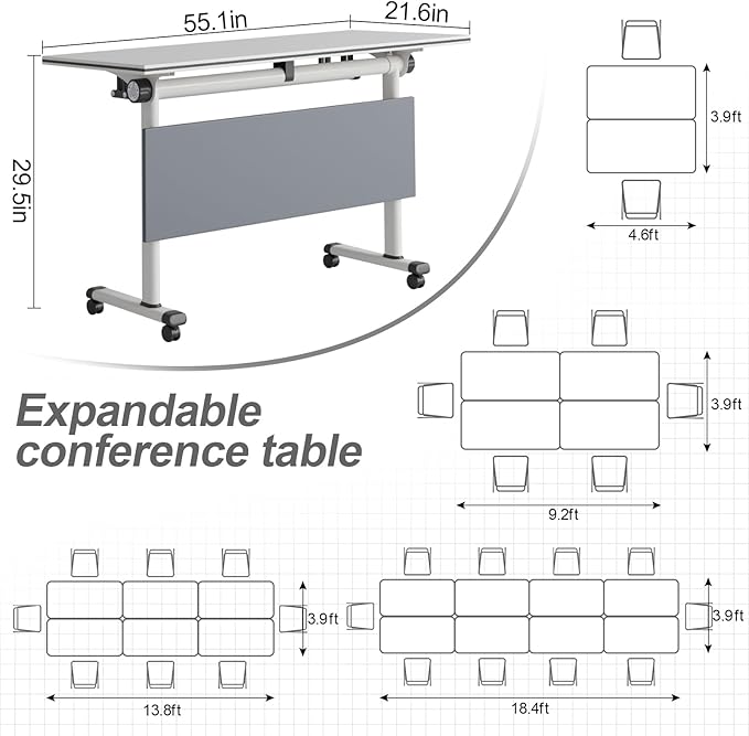 Folding Conference Table, Modern Large Conference Room Tables with Flip-Top Design, Foldable Conference Table Meeting Table with Wheels, Mobile Seminar Training Tables for Office Classroom (6, Gray)