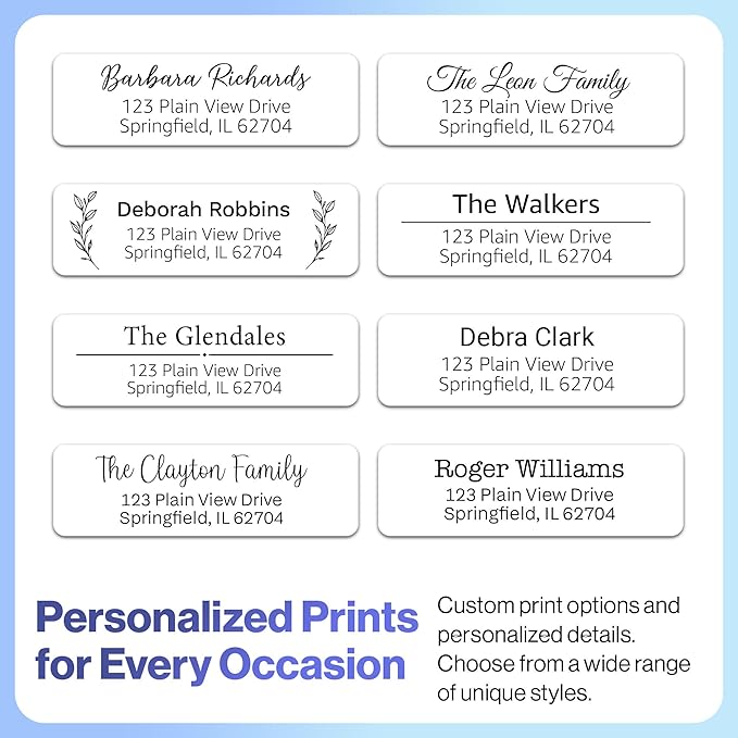 200 Personalized Address Labels - Glossy White Return Address Label 2.5" x 0.75'', Stylish Fonts for Envelopes & Packages, Customizable Labels for Home or Office Use