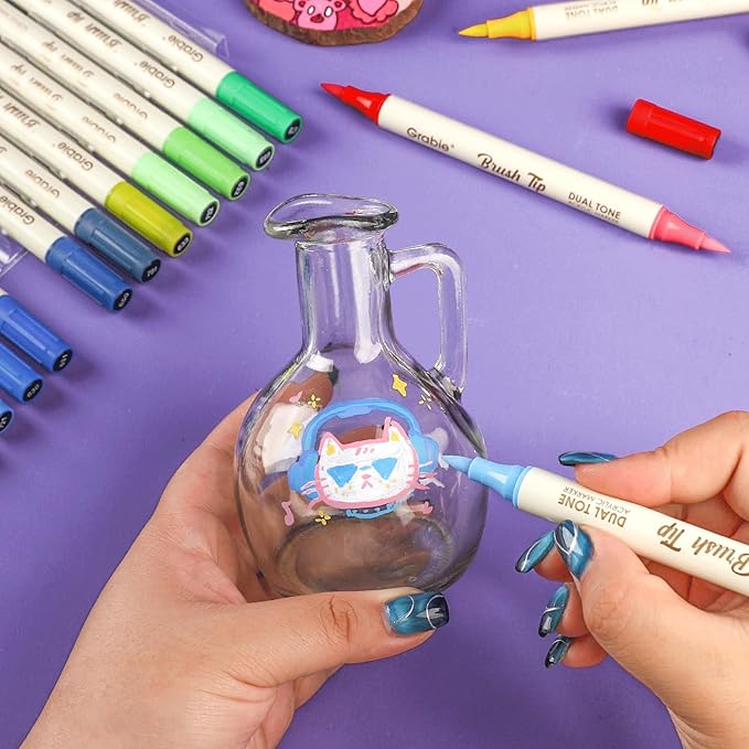 Grabie 120 Colors Dual Tone Brush Tip Acrylic Markers, Dual-Color Paint Markers with 60 Brush Tips, Double Tipped Acrylic Paint Pens for Fabric, Canvas,DIY, Canvas Art Supplies