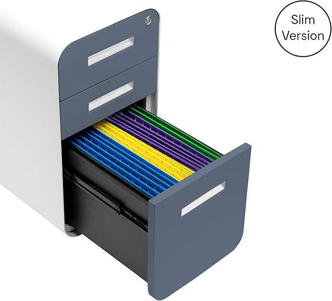 Laura Davidson Furniture Stockpile Slim 3-Drawer Mobile File Cabinet with Lock - Under Desk Metal Filing Cabinet, Legal/Letter File Folders, Wheels & Stationary Feet, Assembled, Coastal Blue Faceplate