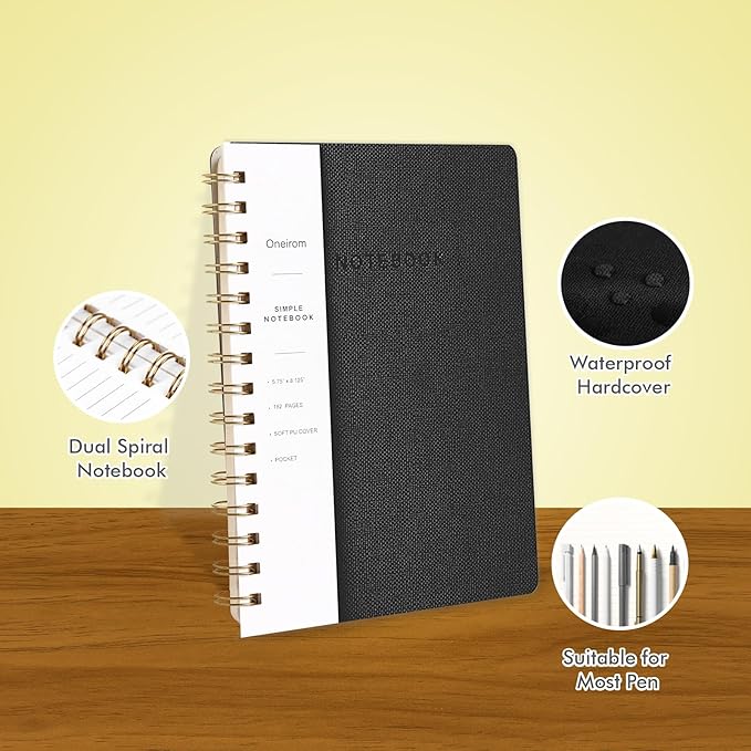 Lined Spiral Notebook College Ruled A5 Journal Book for Note Taking, 160 Pages Writing Journal for Office and Home School Supplies 5.75x8.125 inch (3pack-Black)