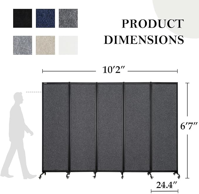 Upgrade Version Room Partition and Divider, Freestanding Rolling Dividers with Wheels,Office Privacy Screen Divider Wall,Classroom Felt Dividers,10'6"L* 6'7"H,5 Panel，Dark Grey
