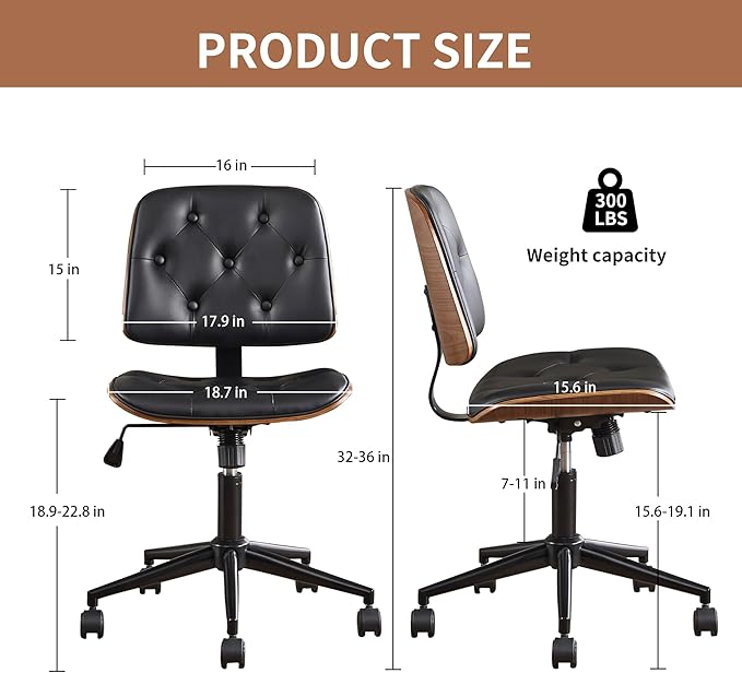 Small Home Office Chair – Armless Mid-Back Desk Chair with PU Leather, Adjustable Height, Swivel Wheels, Modern Walnut Legs for Small Spaces, Black