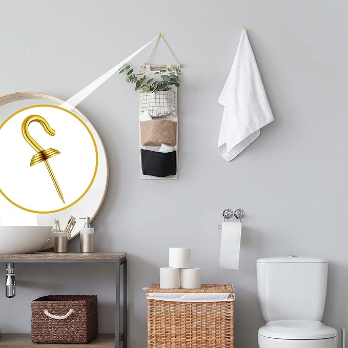 Hotop 30 Pieces Push Pin Wall Hooks Metal Thumb Tack Hangers Iron Alloy Nail Decorative Picture Hooks for 20 Lbs Home Office School Party Supply (Gold)