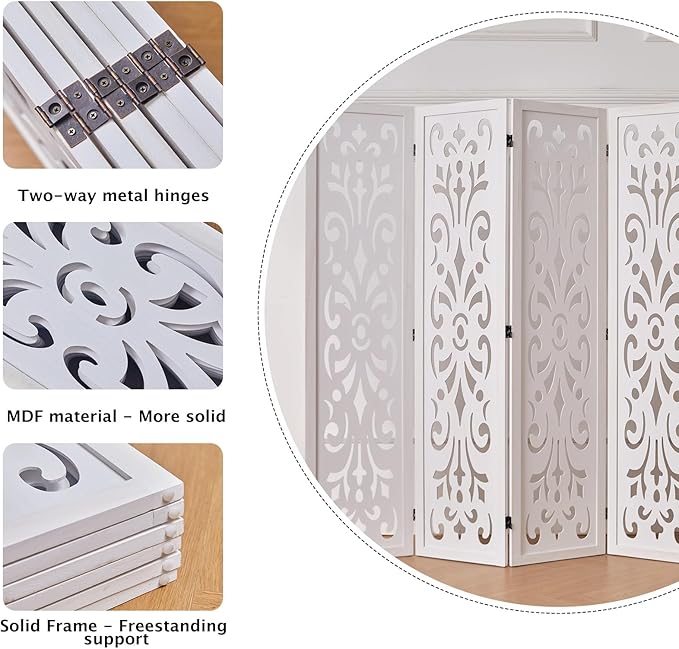 5.6Ft Room Divider Folding Wood Classical Carved Partition Screen for Home Office Garden - 6 Panels (White)