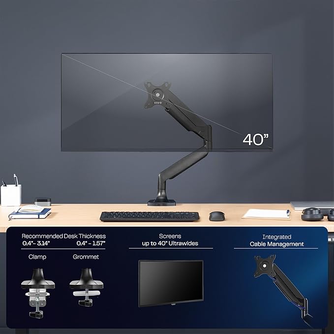 VIVO Premium Aluminum Heavy Duty Single Monitor Arm for Ultrawide Monitor up to 40 inches and 30 lbs, Desk Mount Stand, Pneumatic Height, Max VESA 100x100, Black, STAND-V110Q