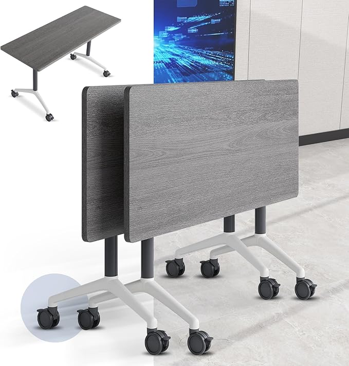 Folding Conference Table, Mobile Training Table for Office Conference, Modern Modular Rectangular Work Desk Meeting Seminar Work Tables with Caster Wheels, Large Breakroom Tables (2Pack L47.2in)