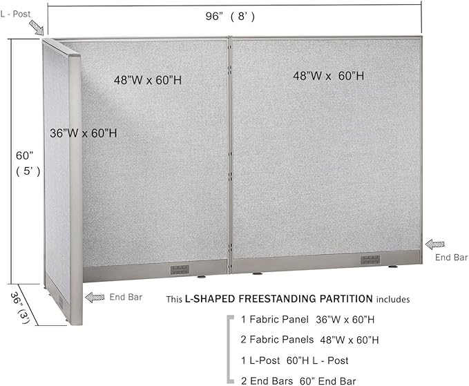 GOF Freestanding L Shaped Office Partition, Large Fabric Room Divider Panel, 36" D x 96" W x 60" H