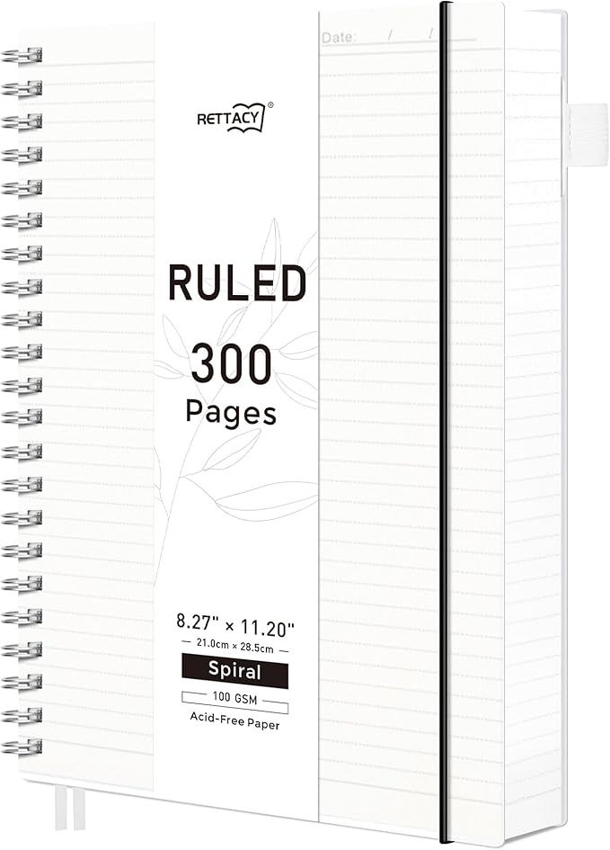 RETTACY Spiral College Ruled Notebook, 300 Pages, A4 Large Size (8.2" x 11.2"), for School, Work, Writing, Journaling, 100 GSM Thick Paper, Flexible Plastic Cover (Transparent)