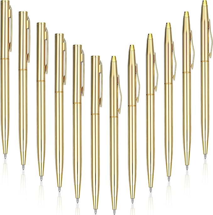 Fuutreo 12 Pack Wedding Gold Pens Bulk Gold Metal Pens Slim Ballpoint Retractable Ballpoint with Black Ink Mini Conical for Wedding Favors Guests, Office Business Teachers,1.0 mm