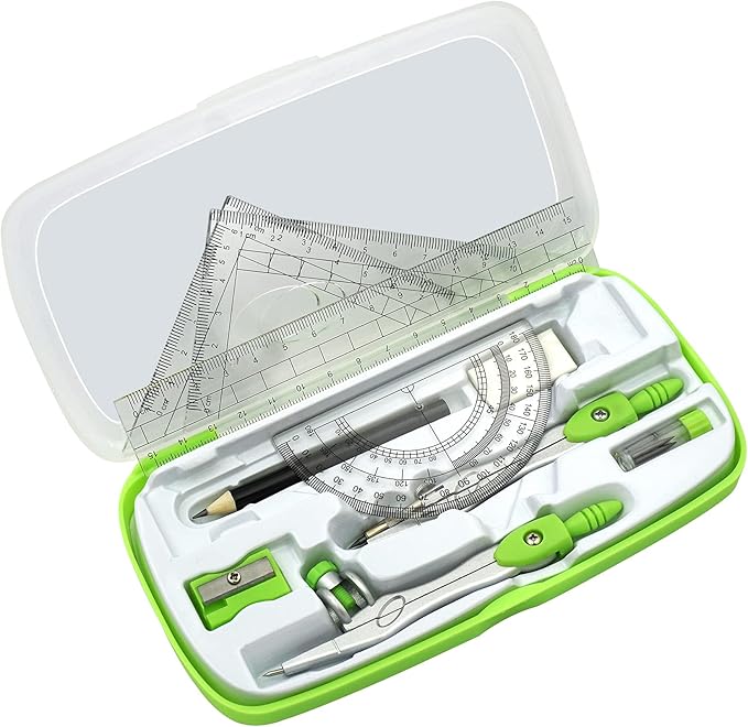 Geometry Compass Kit Starter Maths Set with 2 Drafting Compasses Protractor Set Squares Ruler and More for Students Maths Study, Green