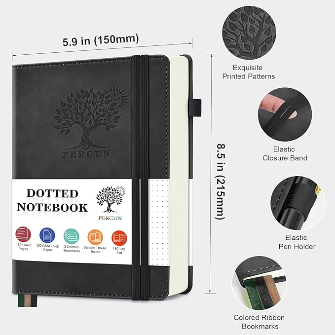 PERCUN Dotted Journal Notebook for Men & Women, 160 Pages Dot Grid notebook for Note Taking, Bullet Journaling Notebook for Work, School, Travel, Writing, A5 Hardcover 5.9" x 8.5"(Black)