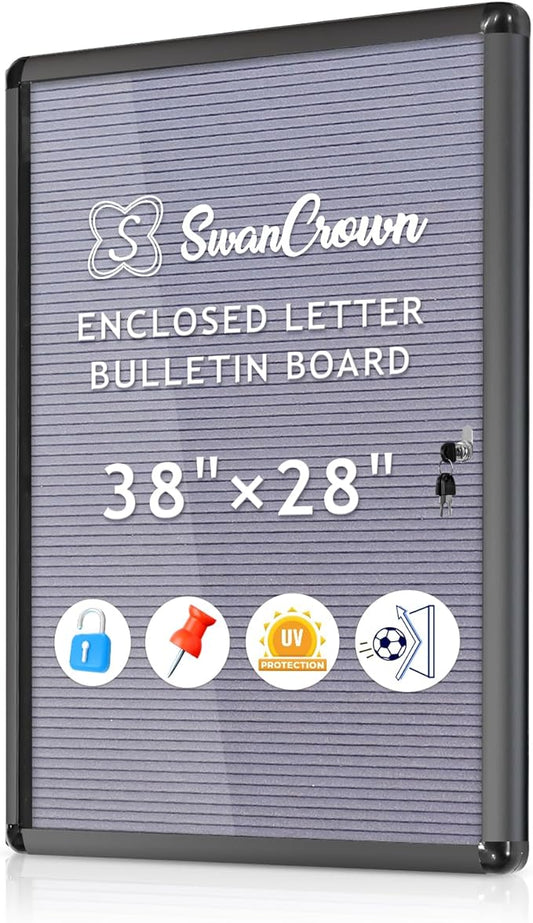 SWANCROWN Enclosed Bulletin Board with Locking Door 38x28 in, Lockable Felt Letter Board Sign Tamperproof Message Board for Office School Home, Black Aluminum Frame, Grey