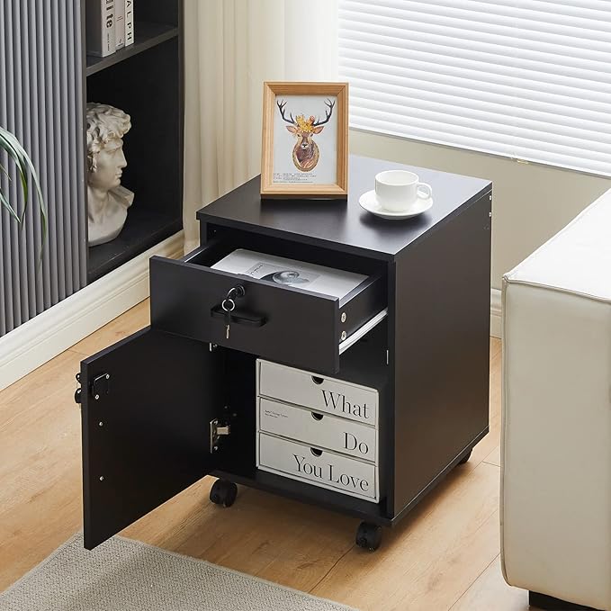 CLIPOP Rolling Storage Cabinet with Drawer, Home Office Cabinet with Lock, Under Desk Storage Cabinet for Home Office, Black