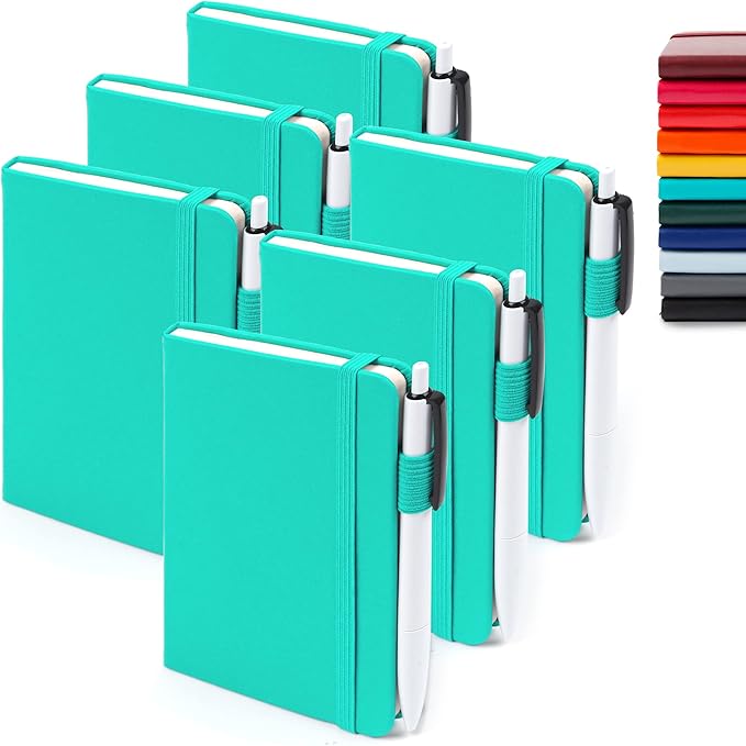 feela 6 Pack Pocket Small Notebooks Bulk, Mini Cute Memo Notepads Hardcover College Ruled Lined Journals with Pen Holder for Women Girls Office School, with 6 Black Pens, 3.5”x 5.5”, A6, Aqua