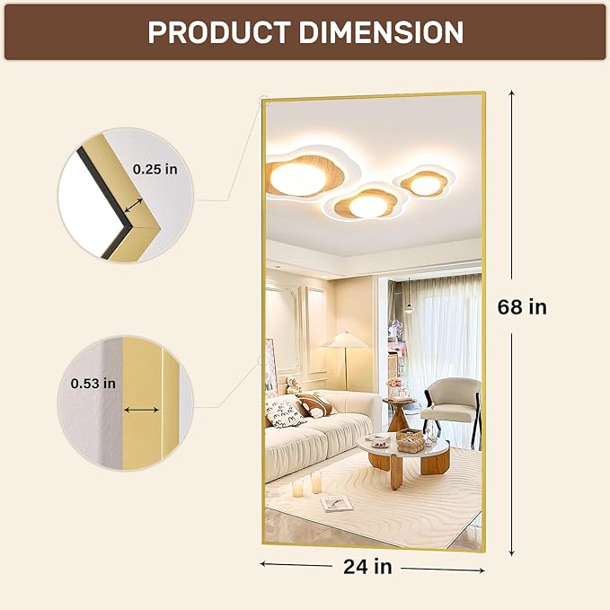Full-Length Mirror, 24"x68" Floor Mirror with Stand, Wall-Mounted Mirror for Bathroom, Dressing Room - Hanging or Leaning - Full Body Mirrors for Bedroom, Gold