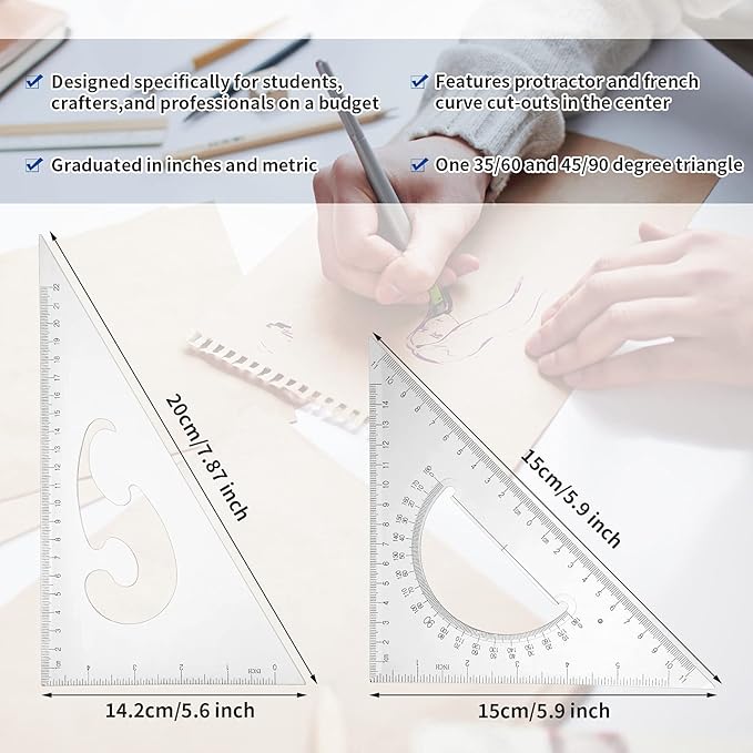 Frienda 5 Pieces Drafting Tools 12 Inch T-Square Ruler Plastic Transparent Drawing Ruler 180 Degree Protractor, 2 Triangles and a French Curve for Students and Engineering Drawing