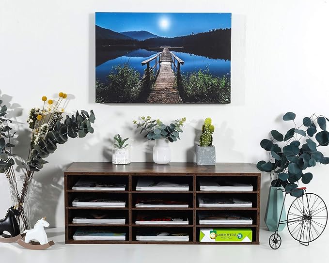 PAG Mail Sorter Organizer, Wood Countertop Literature Organizer, Student Mailbox for Classroom, Desktop Bill Paper Organizer for Office Home School, 12 Compartments, Antique Brown