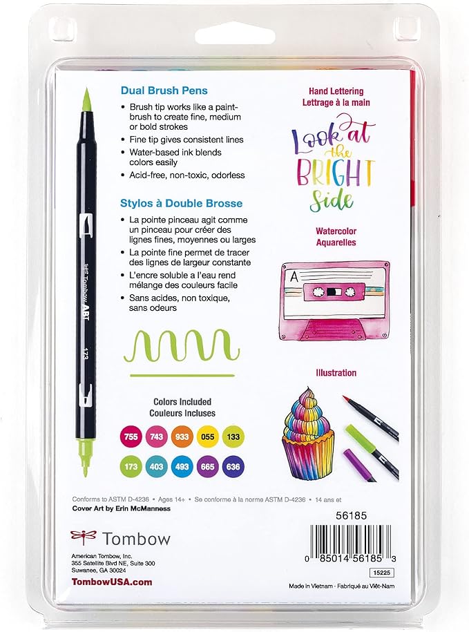 Tombow 56185 Dual Brush Pen Art Markers, Bright, 10-Pack. Blendable, Brush and Fine Tip Markers