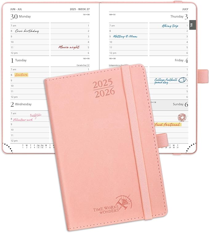 POPRUN Pocket Planner 2025-2026 (Purse Size 4'' x 6.25'') Academic Small Calendar (July 2025 - June 2026) with Hourly Time Slots, 100GSM Thick Papers, Leather Soft Cover - Pink