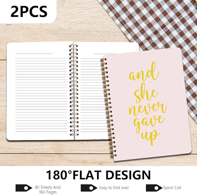 2Pcs Spiral Notebook, Light Pink She Never Gave UP idea Spiral Notebook, 160 Pages Hardcover Notebooks Journals for Writing Travel Business Office, Christian Aesthetic Notebooks for Women