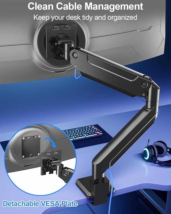 MOUNT PRO Heavy Duty Monitor Arm for Max 49 Inch Ultrawide Screens up to 44 lbs, Aluminum Premium Single Monitor Mount for Samsung Odyssey G9 and More, Adjustable Display Desk Stand, VESA 100x100mm