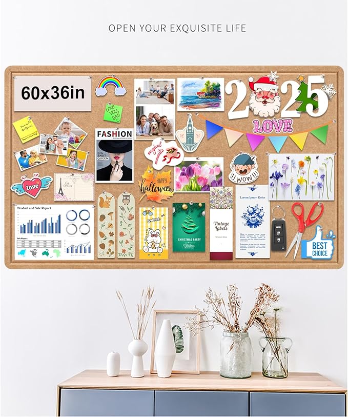 Large Bulletin Board, Foldable 60x36 Inches Cork Board Alternative, Large Felt Board Decorative Pin Board for Wall, Foldable Photo Board Self-Adhesive Vision Board with 36 Pushpins Brown