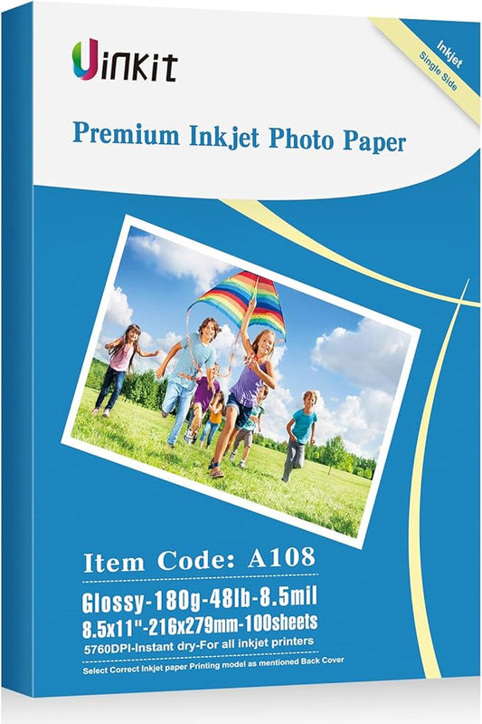 Uinkit 100 Sheets Inkjet Photo Paper Glossy 8.5x11 48lb 180Gsm Professional Photographic Paper Letter Size 8.5Mil Instant Dry Suitable for All Ink Printers