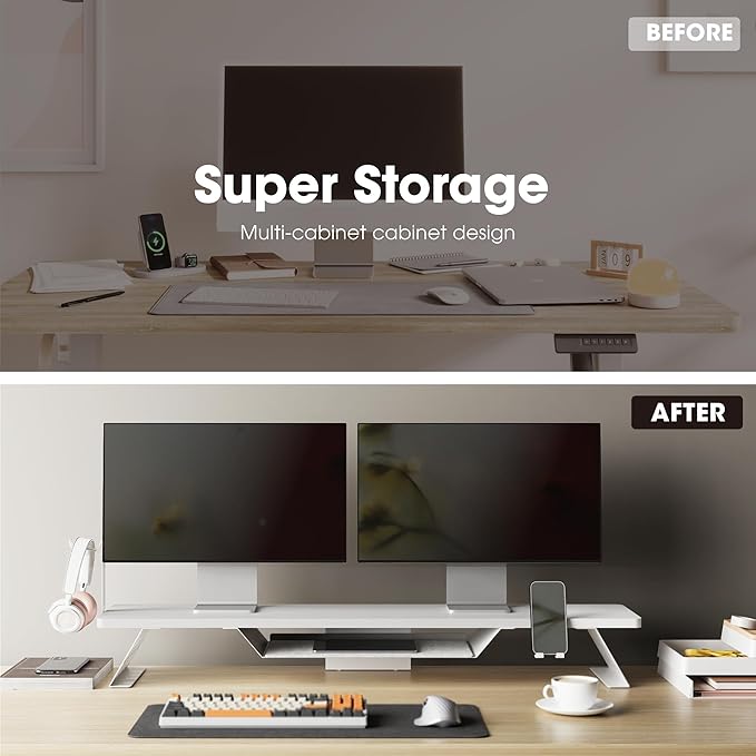 Fenge Dual Monitor Stand, 42.5 Inch Monitor Riser for Desk, Wood Desk Shelf for 2 Monitors, 2 Tier Monitor Shelf with Headphone Stand & Phone Holder