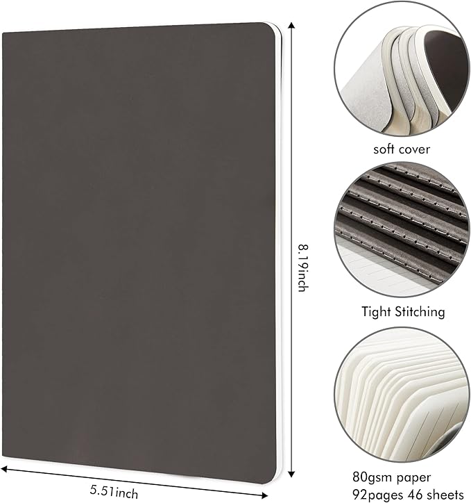 feela 16 Pack Soft Cover Journal Bulk, Lined Notebooks College Ruled for Work for Women Girl Writing, Blank Travel Journal Note Taking Notebook School Business Supplies, 8.2” x 5.5”, A5, Gray