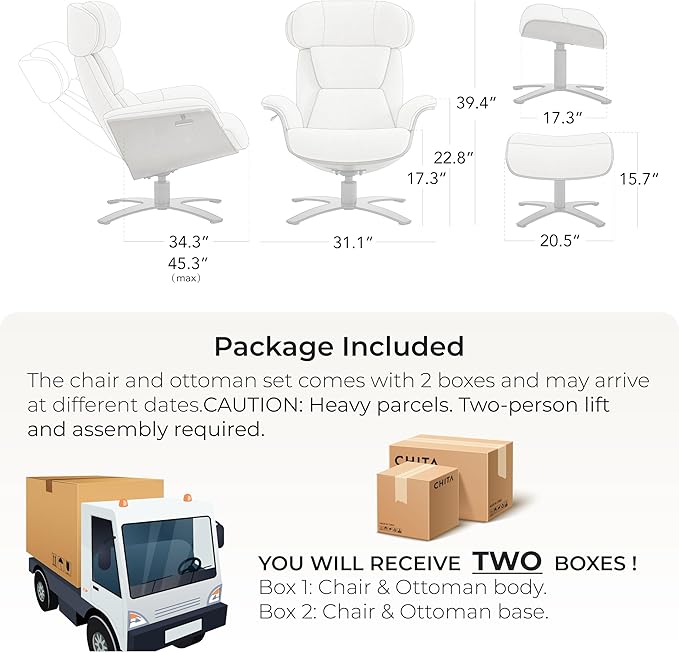 CHITA Genuine Leather Reclining Swivel Chair with Adjustable Headrest and Ottoman for Living Room, Black