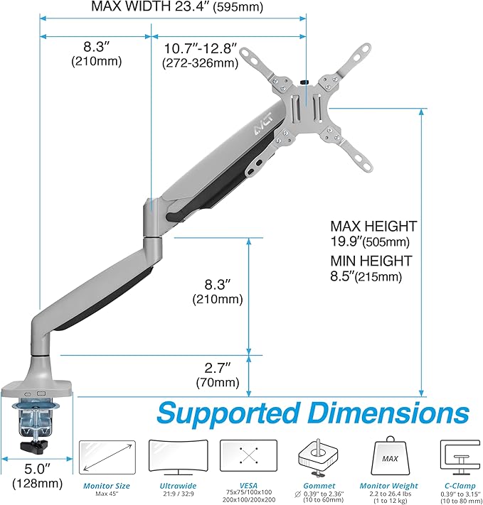 AVLT Single 17"-45" Monitor Arm Desk Mount Premium Mechanical Spring fits One Flat/Curved/Ultrawide Monitor Full Motion Height Swivel Tilt Rotation Adjustable, Gray