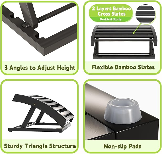Foot Rest for Under Desk at Work - Adjustable Black Bamboo Footrest for Office and Couch