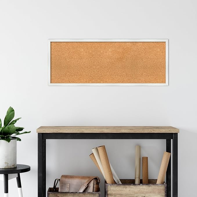 Amanti Art Natural Cork Board for Wall, 15x39 Vision Board with White Frame, Medium Corkboard Office Decor for Home Organization, Country Rustic Corkboard Pinboard to Display Items for Home