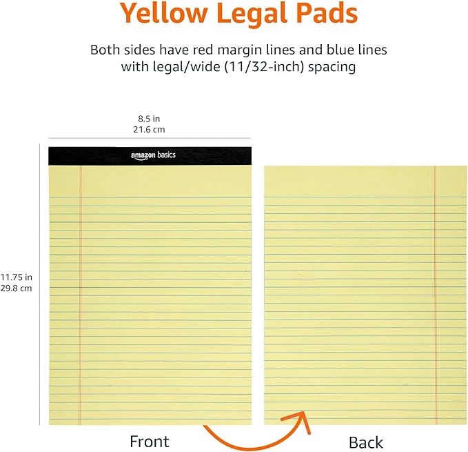 Amazon Basics 50 sheet Wide Ruled Lined Writing Note Pad, 8.5" x 11.75", 12-Pack, 600 Perforated Sheets, Canary