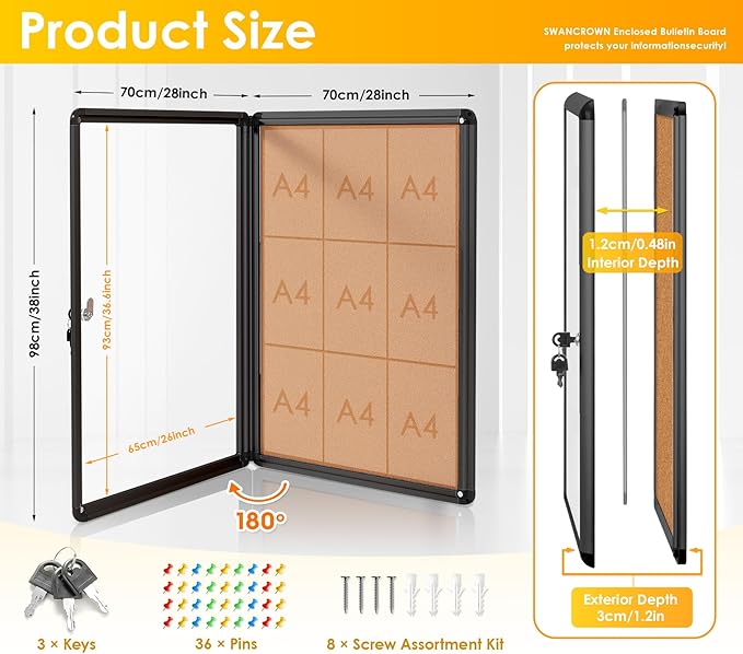 SWANCROWN Enclose Bulletin Board Case School Cork Noticeboards Cabinet with Locking Door and Keys,38x28 inch (9xA4)