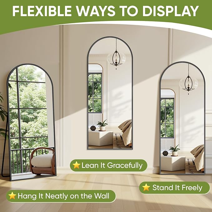 Full-Length Floor Mirror with Stand, 58"x21" Arched Style Full Body Standing Mirror for Bedroom, Living Room, Gym, Dorm - Shatter-Resistant & Easy Assembly, Black