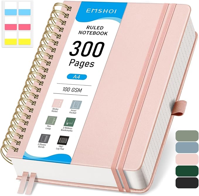 EMSHOI Spiral Notebook College Ruled, 300 Numbered Pages, A4 Large Hardcover Leather, 100 GSM Thick Lined Journal for Women Men Work Writing Journaling Note Taking, 8.27" x 11.2", Rose Gold
