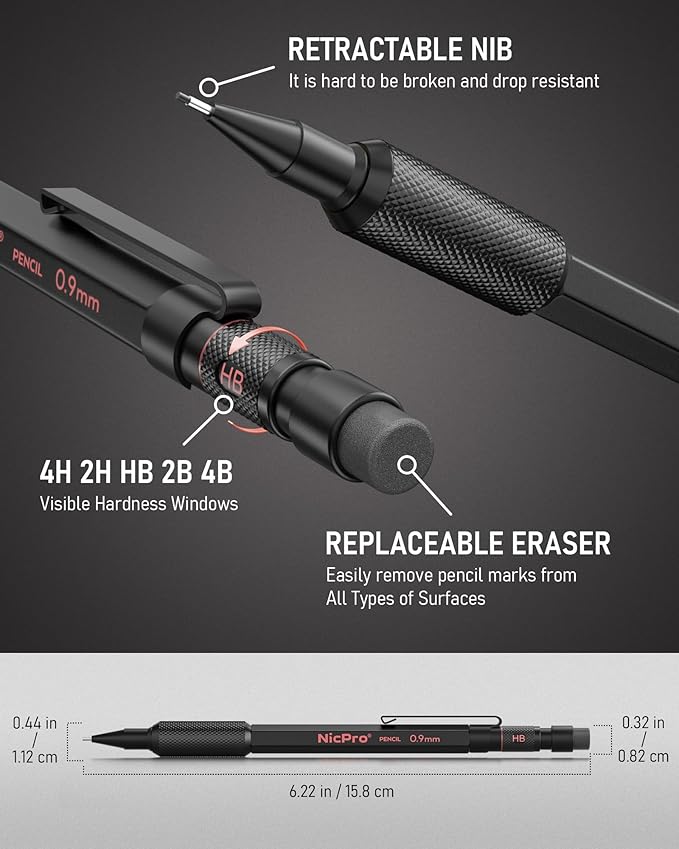 Nicpro 0.9 Metal Mechanical Pencil Set with Case, 3PCS Hevey Duty MP2000 Lead Pencil With 6 Tube HB Lead Refills 0.9mm, Erasers, Weatherproof Barrel for Outdoor Writing Drafting Drawing Sketching