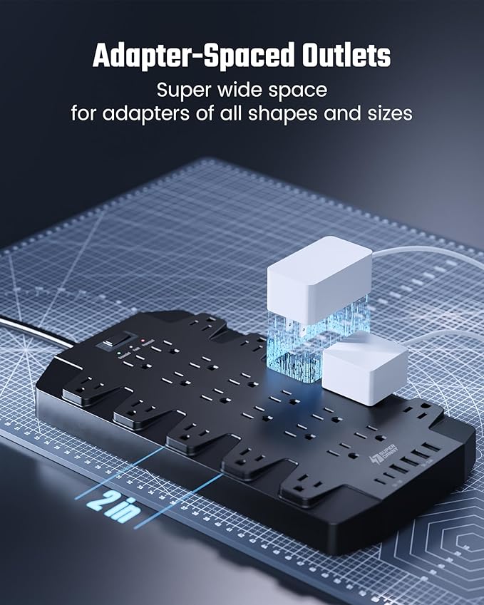 10 Ft Extension Cord Power Strips with Surge Protection, SUPERDANNY Surge Protector with 22 Outlets, 2 USB-C and 4 USB-A, 2100J, 10Ft Flat Plug Heavy Duty Extension Cord (1875W/15A) for Home, Office