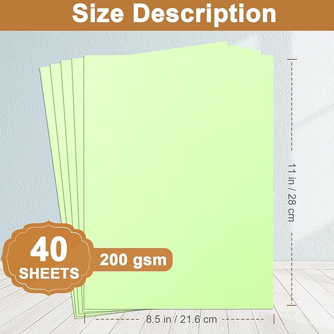 40 Sheets Light Green Cardstock 8.5 x 11 Craft Paper, 200gsm/75lb Heavyweight Certificate Paper Card Stock for DIY Cards Making, Business Cards, Wedding Invitations, Menus, School
