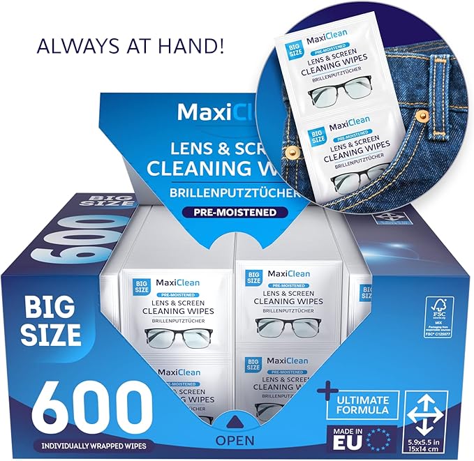 Glasses Wipes Lens Cleaner - Lens Wipes for Eyeglasses - 600 Pre-moistened Individually Wrapped Wipes for Eye Glasses, Electronics, Phone, Computer, Laptop Screen - Camera Lens Cleaner - Made in EU