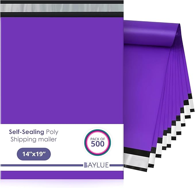 Purple Large Poly Mailers 14.5x19 Inch | Strong Adhesive Self-Seal Mailer Bag | Tear, Tamper, Water Resistant Shipping Envelopes | Thick Strong polymailer Bags | Clothing Shipping Bags | 500 Pcs Bulk