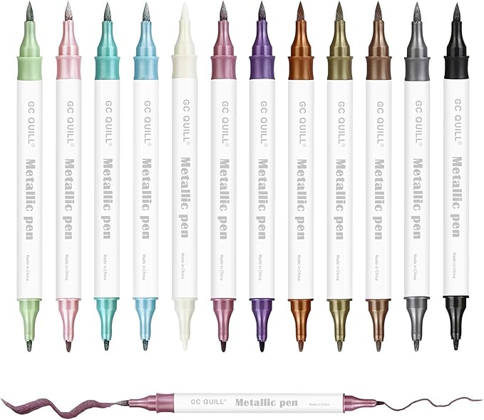 GC QUILL 12 Colors Metallic Marker Pens - Dual Tip Brush and Fine Point Pens for DIY Album, Black Cards, Scrapbooking, Craft Supplies, on Ceramic, Stone, Glass, Fabric GC-MP12