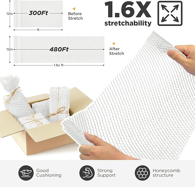 Honeycomb Packing Paper, 12"x300' White | Perforated Honeycomb Packing Paper Recyclable Moving Supplies for Shipping & Moving | Plastic-Free Alternative to Bubble Cushion Wrap with 36 Fragile Stickers