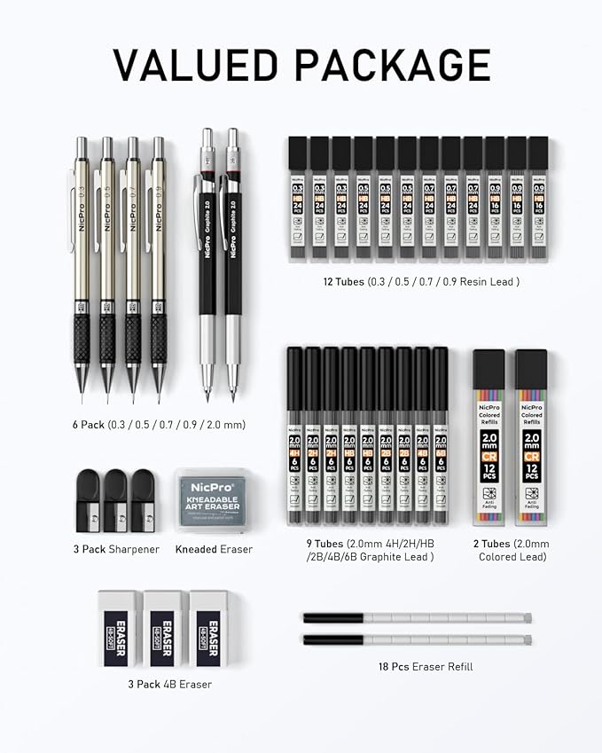 Nicpro 37PCS Art Mechanical Pencil Set, 4PCS Metal Drafting Pencil 0.3mm, 0.5 mm, 0.7 mm, 0.9 mm & 2PCS 2mm Lead Holder (6B 4B 2B HB 2H 4H Colors) For Sketching Drawing With 23 Tube Lead Refills Case